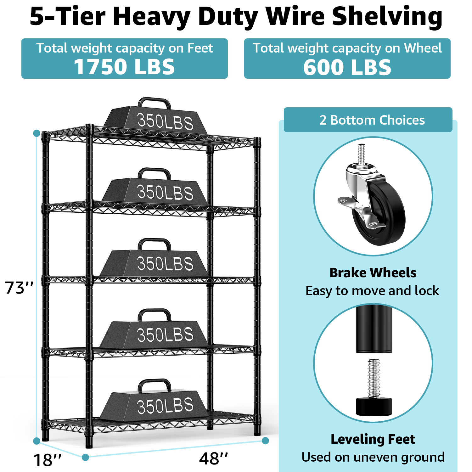 MZG 5-Shelf Storage Shelves with Wheels, Black