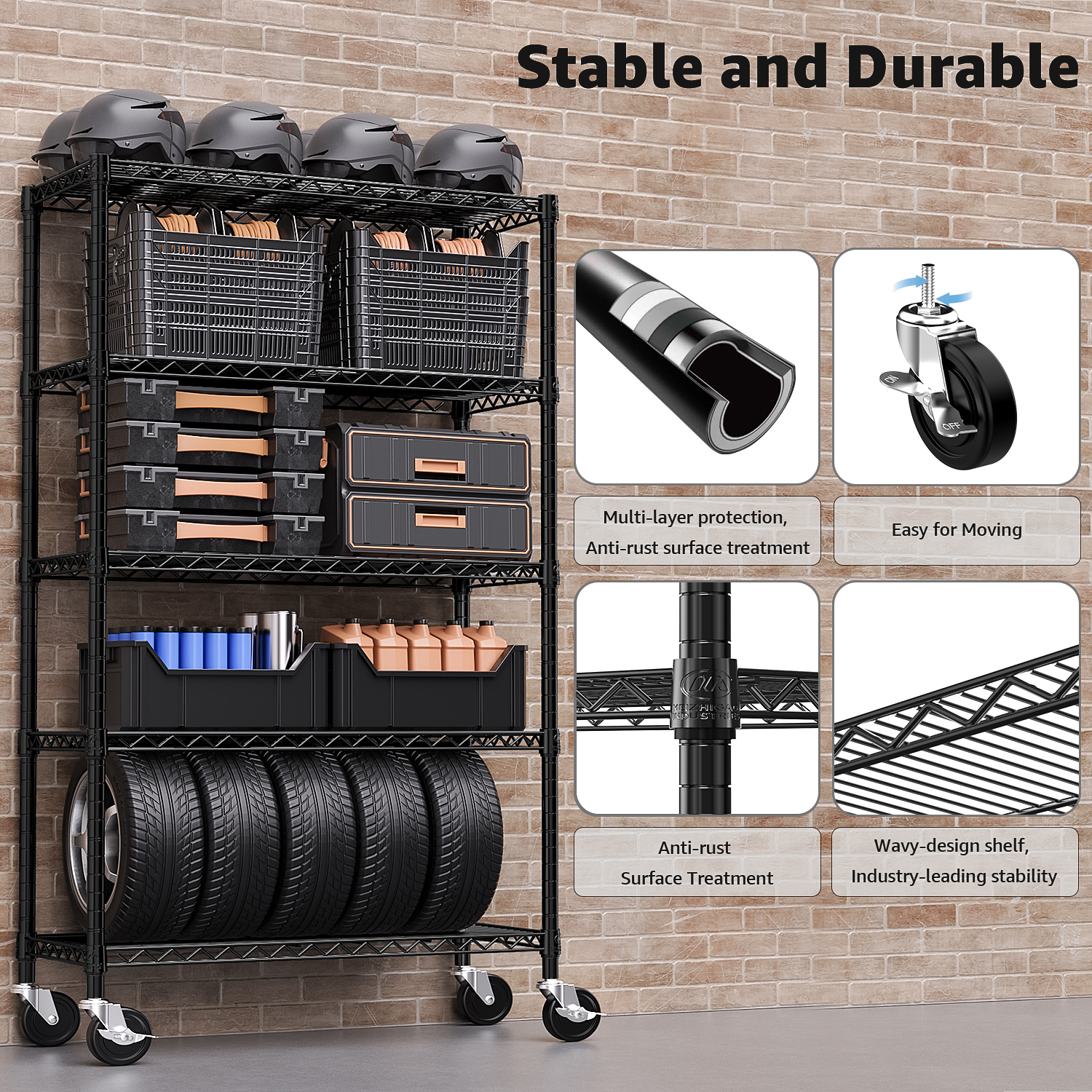 MZG 5-Shelf Storage Shelves with Wheels, Black