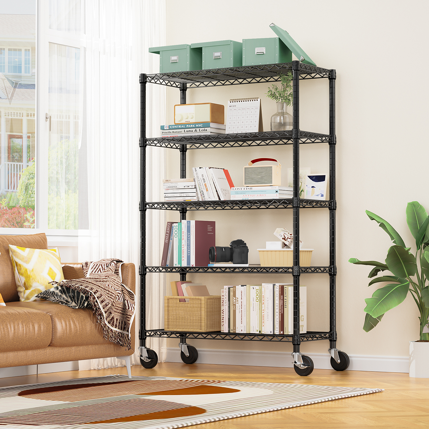MZG 5-Shelf Storage Shelves with Wheels, Black