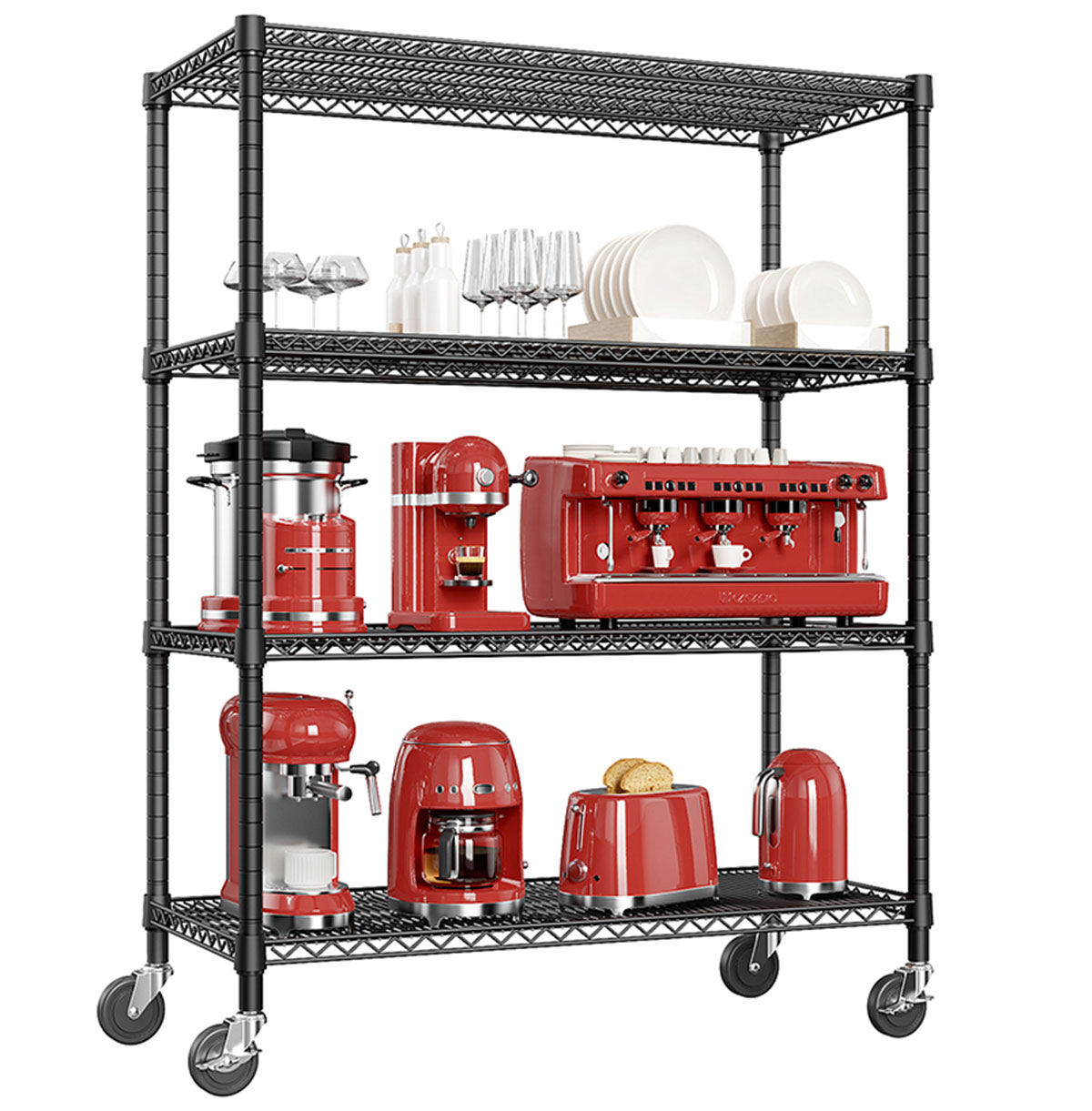 Heavy Duty 4 Tier Black Wire Metal Shelving with Wheels